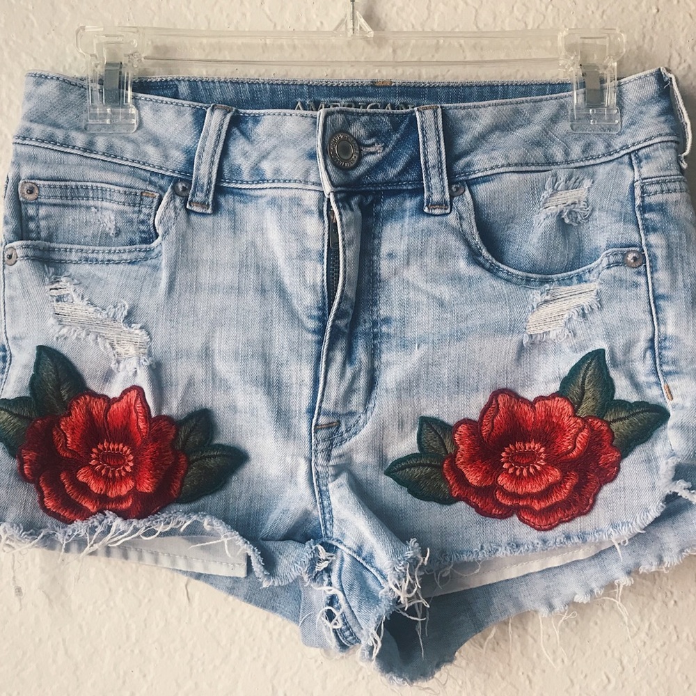 american eagle rose embroidered denim shorts